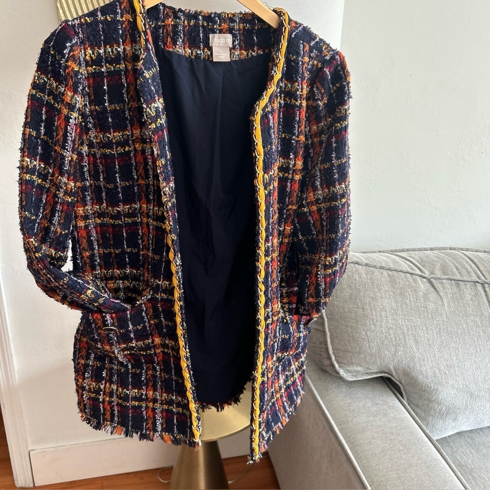 Vintage Chicos Tweed Multicolor Preppy Holidays Chain Open Coat Size 1 - Picture 3 of 12